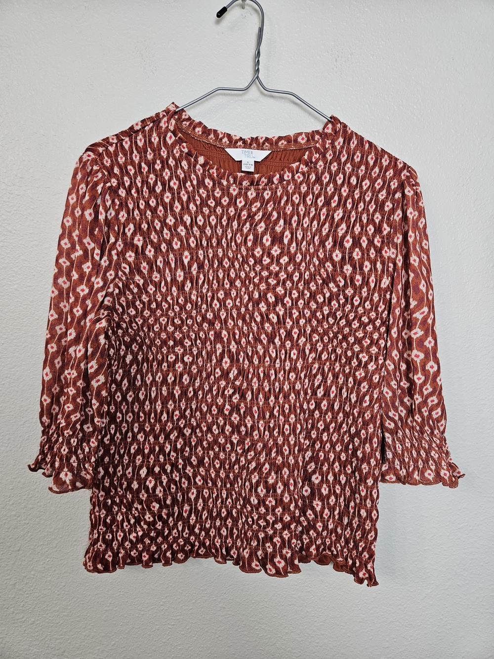 Fall Rust & Cream Smocked Print Blouse Size L